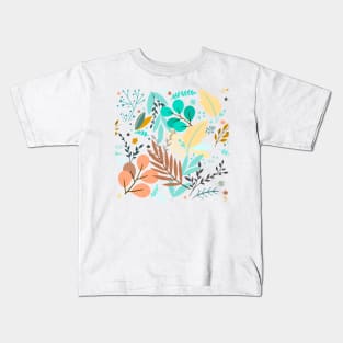 illustration of abstract colored flower with closed opened blossom leaves seamless pattern Kids T-Shirt